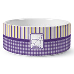 Purple Gingham & Stripe Ceramic Dog Bowl (Personalized)
