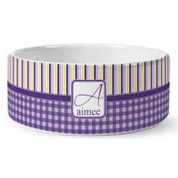 Purple Gingham & Stripe Ceramic Dog Bowl - Large (Personalized)