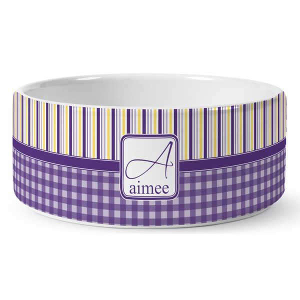 Custom Purple Gingham & Stripe Ceramic Dog Bowl - Medium (Personalized)