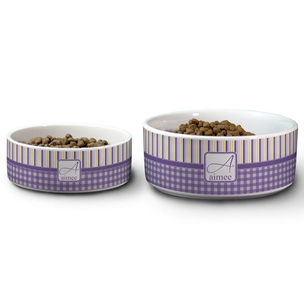 Purple Gingham & Stripe Ceramic Dog Bowls - Size Comparison