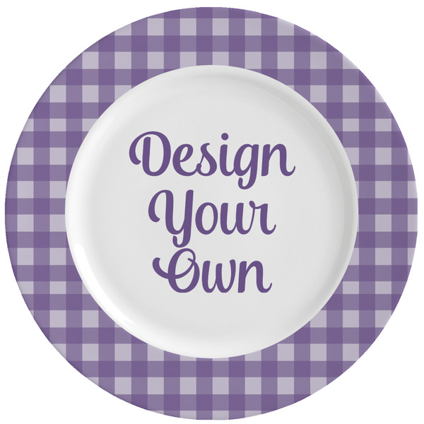 Custom Purple Gingham & Stripe Ceramic Dinner Plates (Set of 4) (Personalized)