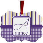Purple Gingham & Stripe Metal Frame Ornament - Double Sided w/ Name and Initial