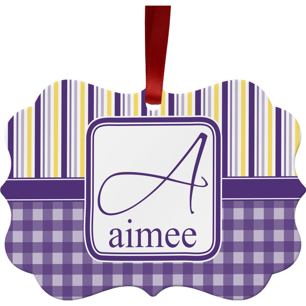 Custom Purple Gingham & Stripe Metal Frame Ornament - Double Sided w/ Name and Initial