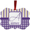 Purple Gingham & Stripe Metal Frame Ornament - Double Sided w/ Name and Initial