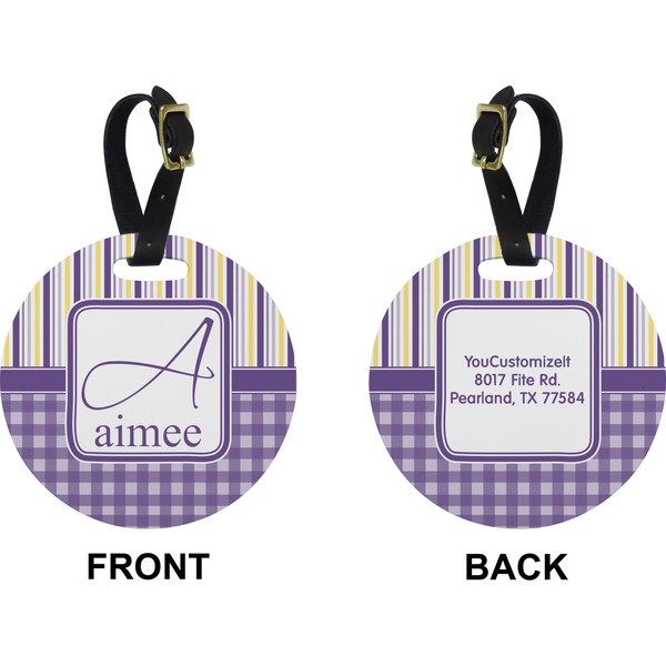 Purple Gingham & Stripe Circle Luggage Tag (Front + Back)