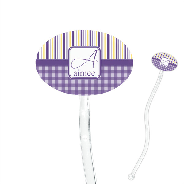 Custom Purple Gingham & Stripe 7" Oval Plastic Stir Sticks - Clear (Personalized)