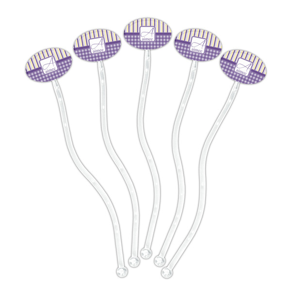 Purple Gingham & Stripe Clear Plastic 7" Stir Stick - Oval - Fan