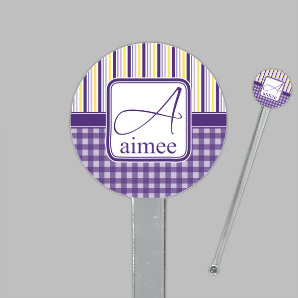 Purple Gingham & Stripe Clear Plastic 7" Stir Stick - Round - Closeup