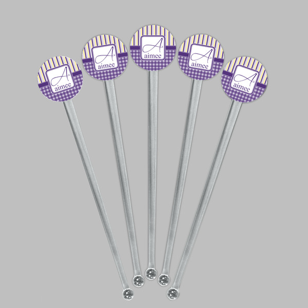 Purple Gingham & Stripe Clear Plastic 7" Stir Stick - Round - Fan View