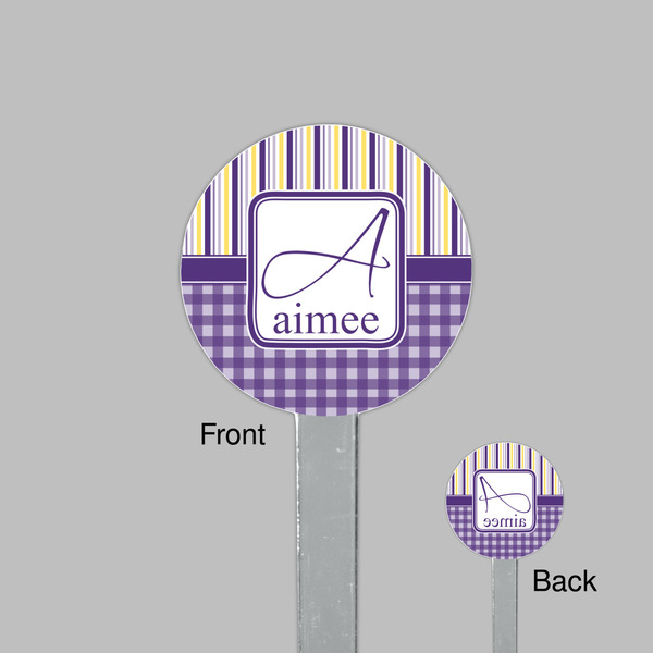 Purple Gingham & Stripe Clear Plastic 7" Stir Stick - Round - Front & Back