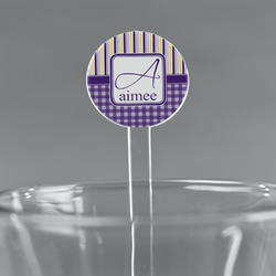 Purple Gingham & Stripe 7" Round Plastic Stir Sticks - Clear (Personalized)