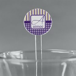 Purple Gingham & Stripe 5.5" Round Plastic Stir Sticks - Clear (Personalized)