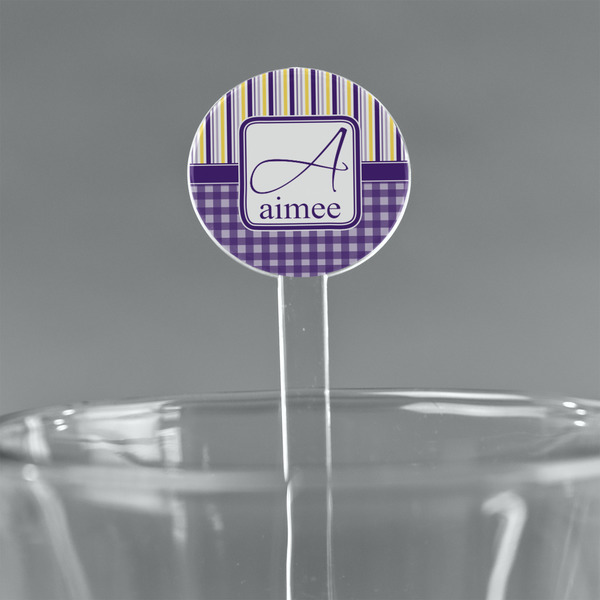 Custom Purple Gingham & Stripe 5.5" Round Plastic Stir Sticks - Clear (Personalized)