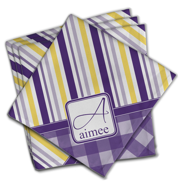 Custom Purple Gingham & Stripe Cloth Napkins (Set of 4) (Personalized)