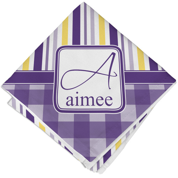 Custom Purple Gingham & Stripe Cloth Cocktail Napkin - Single w/ Name and Initial