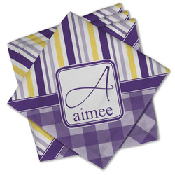 Purple Gingham & Stripe Cloth Cocktail Napkins - Set of 4 w/ Name and Initial