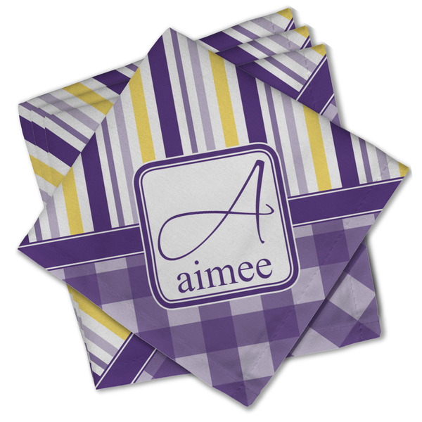 Custom Purple Gingham & Stripe Cloth Cocktail Napkins - Set of 4 w/ Name and Initial