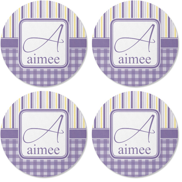 Purple Gingham & Stripe Coaster Round Rubber Back - Apvl