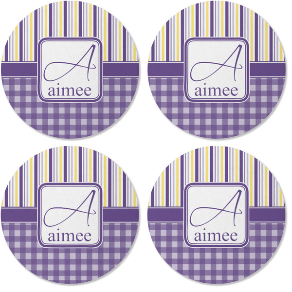 Purple Gingham & Stripe Coaster Round Rubber Back - Apvl