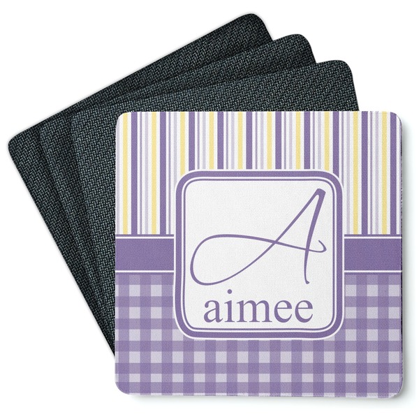 Custom Purple Gingham & Stripe Square Rubber Backed Coasters - Set of 4 (Personalized)