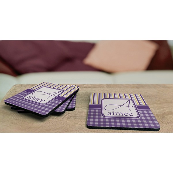 Purple Gingham & Stripe Coaster Rubber Back - On Coffee Table
