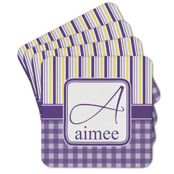 Purple Gingham & Stripe Cork Coaster - Set of 4 w/ Name and Initial