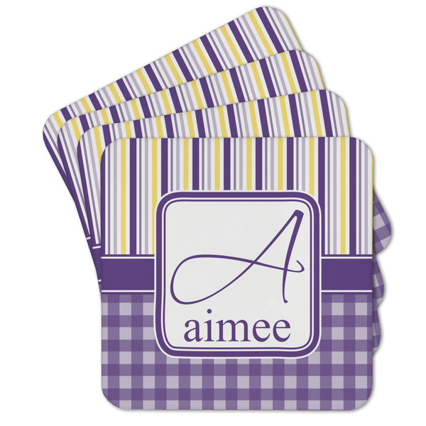 Custom Purple Gingham & Stripe Cork Coaster - Set of 4 w/ Name and Initial