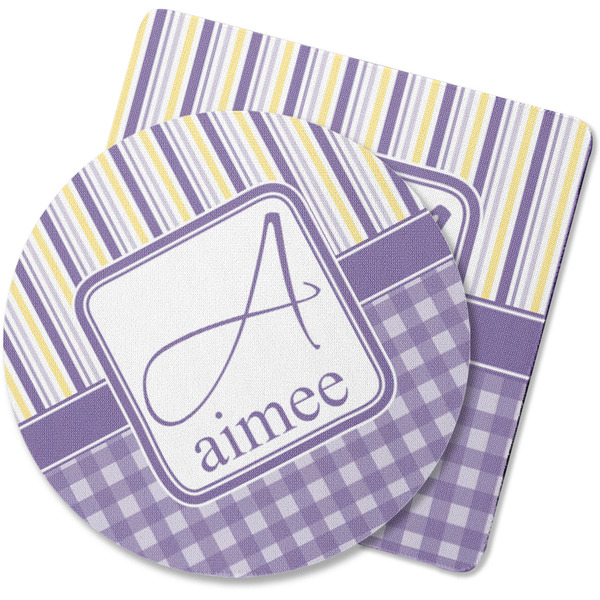 Custom Purple Gingham & Stripe Rubber Backed Coaster (Personalized)