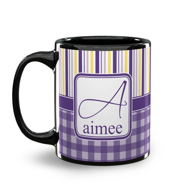 Purple Gingham & Stripe Coffee Mug - 11 oz - Black