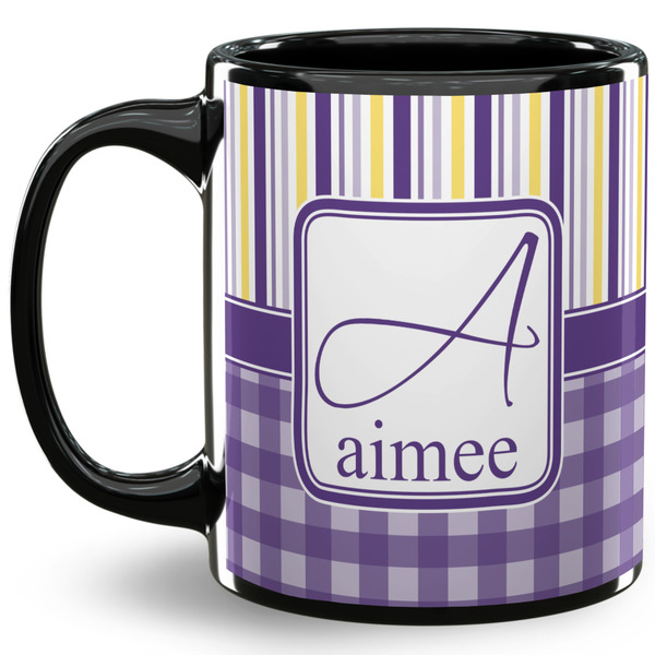 Custom Purple Gingham & Stripe 11 Oz Coffee Mug - Black (Personalized)
