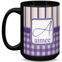 Purple Gingham & Stripe 15 Oz Coffee Mug - Black (Personalized)