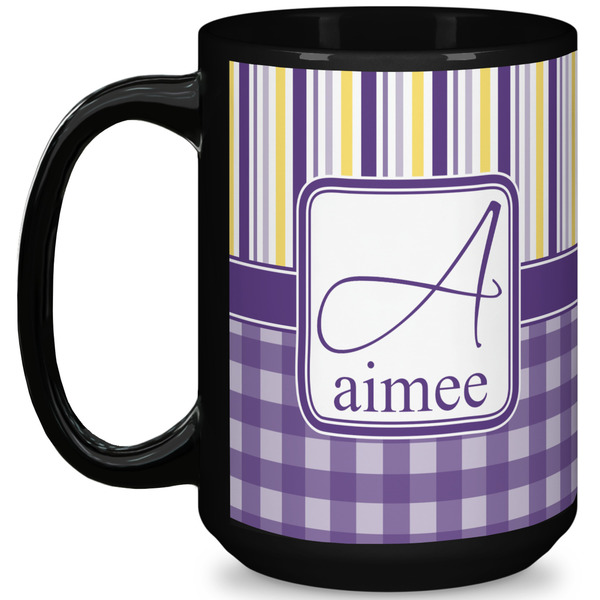 Custom Purple Gingham & Stripe 15 Oz Coffee Mug - Black (Personalized)