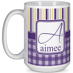 Purple Gingham & Stripe 15 Oz Coffee Mug - White (Personalized)