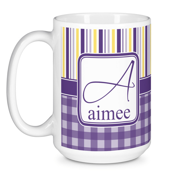 Purple Gingham & Stripe Coffee Mug - 15 oz - White