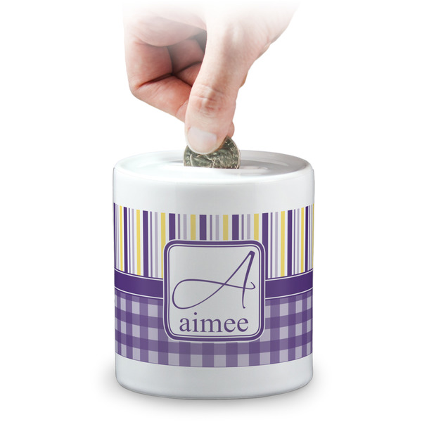 Custom Purple Gingham & Stripe Coin Bank (Personalized)