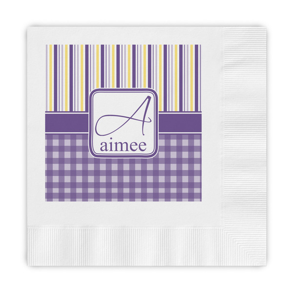 Custom Purple Gingham & Stripe Embossed Decorative Napkins (Personalized)
