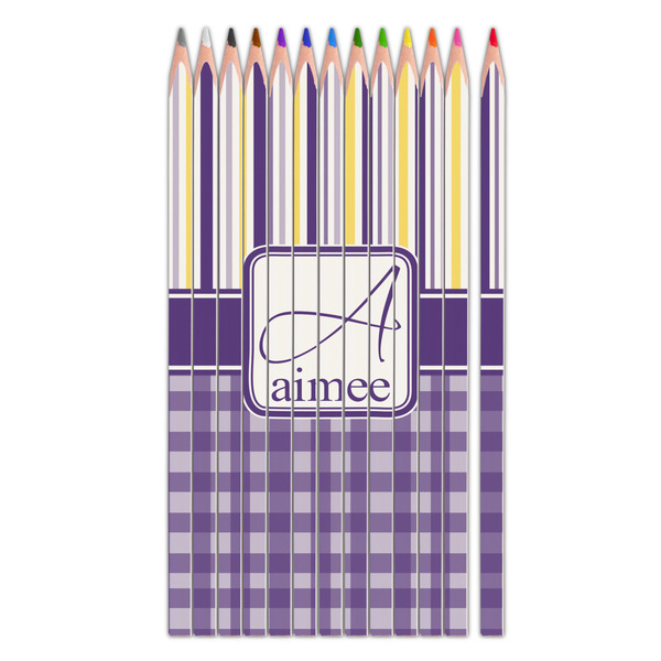 Custom Purple Gingham & Stripe Colored Pencils (Personalized)