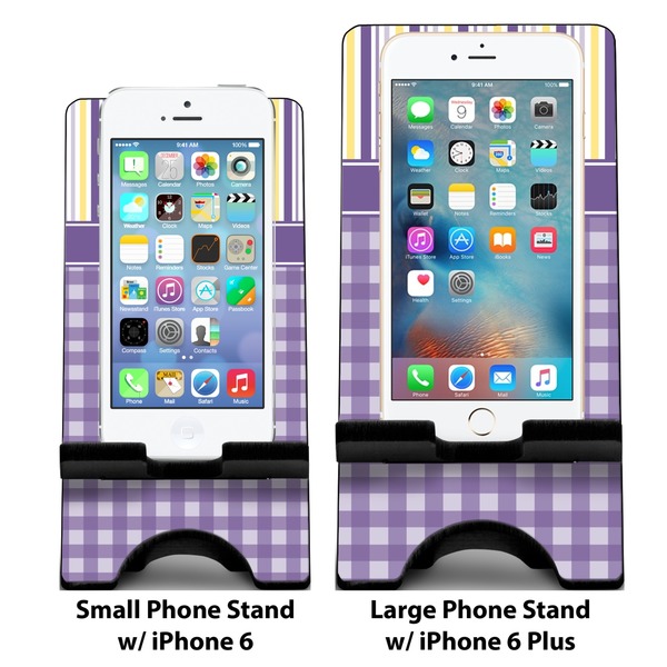 Purple Gingham & Stripe Compare Phone Stand Sizes - with iPhones