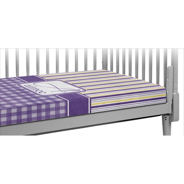 Custom Purple Gingham & Stripe Crib Fitted Sheet (Personalized)