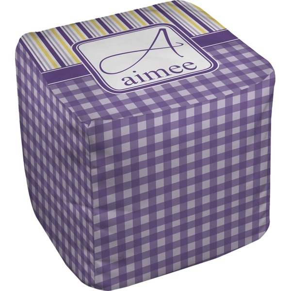 Custom Purple Gingham & Stripe Cube Pouf Ottoman (Personalized)