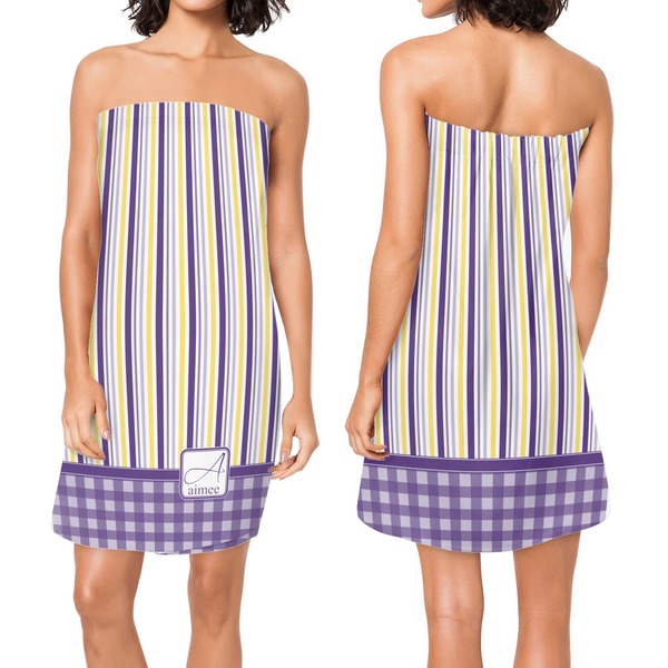 Purple Gingham & Stripe Custom Bath Wrap - Front & Back View