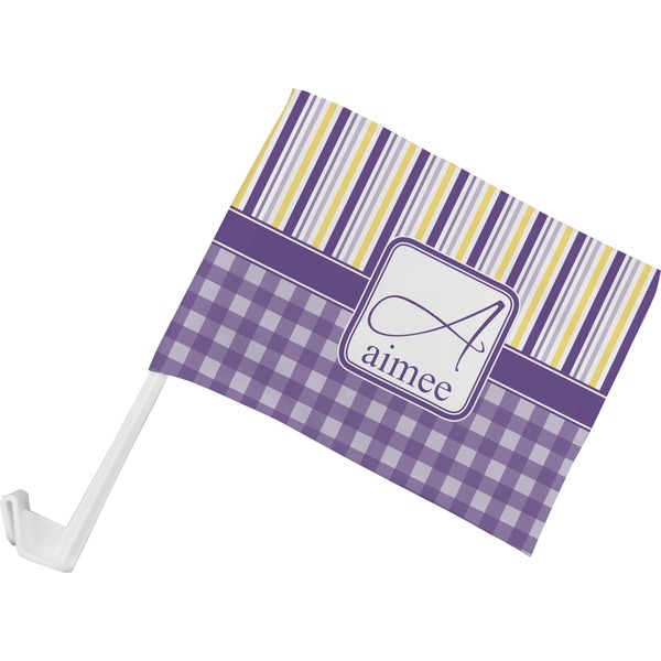 Custom Purple Gingham & Stripe Car Flag - Small w/ Name and Initial