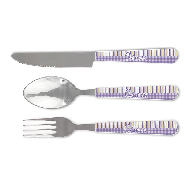 Custom Purple Gingham & Stripe Cutlery Set (Personalized)