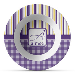 Purple Gingham & Stripe Plastic Bowl - Microwave Safe - Composite Polymer (Personalized)