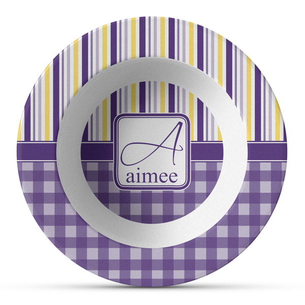 Custom Purple Gingham & Stripe Plastic Bowl - Microwave Safe - Composite Polymer (Personalized)