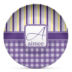 Purple Gingham & Stripe Microwave Safe Plastic Plate - Composite Polymer (Personalized)