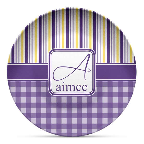 Custom Purple Gingham & Stripe Microwave Safe Plastic Plate - Composite Polymer (Personalized)