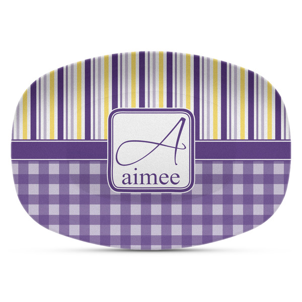 Custom Purple Gingham & Stripe Plastic Platter - Microwave & Oven Safe Composite Polymer (Personalized)