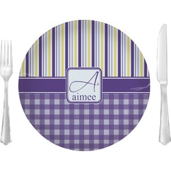 Purple Gingham & Stripe Glass Lunch / Dinner Plate 10" (Personalized)