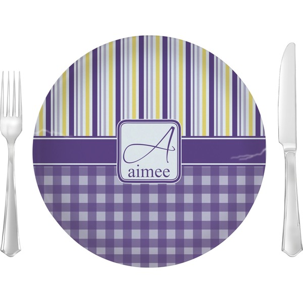 Custom Purple Gingham & Stripe Glass Lunch / Dinner Plate 10" (Personalized)